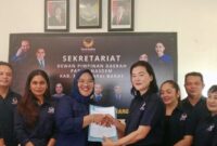 Ketua DPD NasDem Manggarai Barat, Yopi Widyanti (kanan) bersama Andy Rizky Nur Cahya (kiri) saat menyerahkan SK, Rabu (15/4/2026) siang. Foto Rino/GBRNews.id