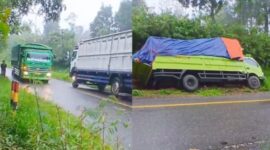 Sebuah truk bermuatan berat tujuan Ruteng terbalik dan masuk ke parit akibat jalan rusak dan bergelombang pada Senin (18/5/2026) sore. 