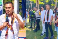 Foto Kolase Penyambutan dan Sambutan Ketua ASKAB PSSI Manggarai Barat, Marianus Yono Jehanu pada pembukaan Turnamen 1 Abad SDK Orong. 