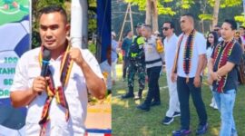 Foto Kolase Penyambutan dan Sambutan Ketua ASKAB PSSI Manggarai Barat, Marianus Yono Jehanu pada pembukaan Turnamen 1 Abad SDK Orong. 