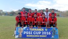 Skuad Krisna FC pada Open Turnamen PSSI Cup II Manggarai Barat 2026 di Stadion Komodo, Labuan Bajo, Selasa (11/8/2026) sore. Starting XI: Edo Muga (88), Fandy Loke (3), Alvin Lewa (21), Riston Ngange (14), Askon Nika (4), Arjun Wedo (16), Crespo Hale (25), Aldon Lalu (15), Ebinth Toi (10), dan Kim Raja (18). Foto: Rino/GBRNews.id